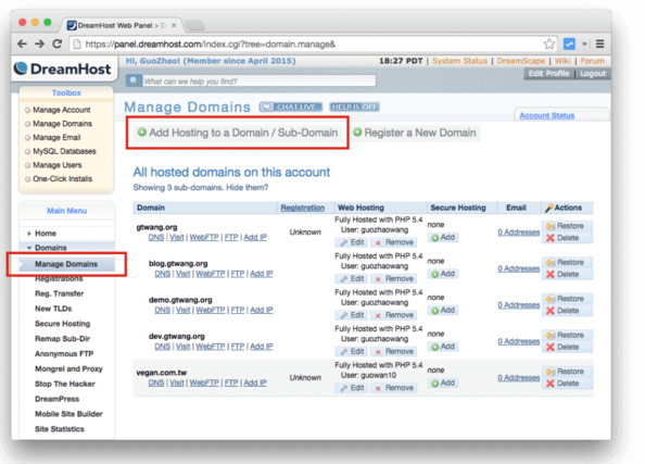在DreamHost共享主机上新增站点与设定GoDaddy DNS的方法